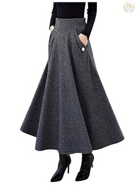 High Waisted Wool Blend Plaid A-Line Maxi Skirt Pleated Winter